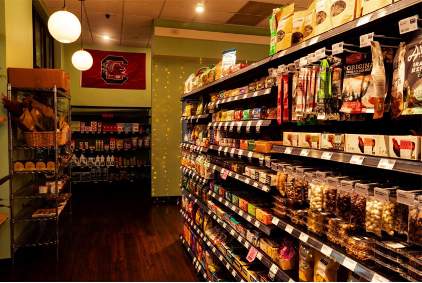 Shelves stocked with goods