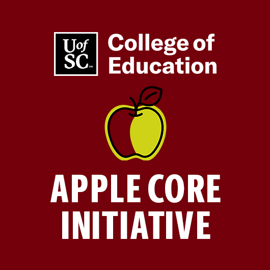 College of Education Logo, line art image of an apple and the words "Apple Core Initiative"
