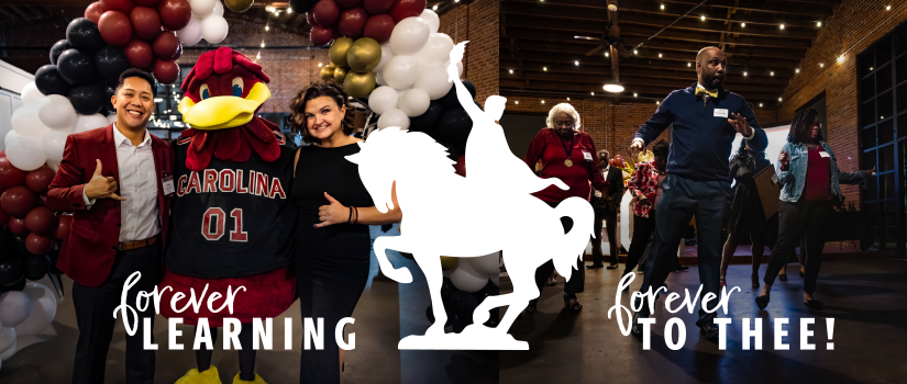 "Forever Learning, Forever to Thee!" superimposed over a party scene.