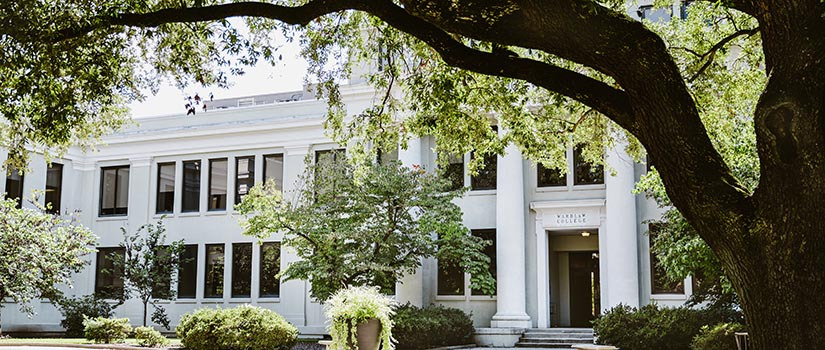 Wardlaw College on a sunny day. A large tree is in foreground.