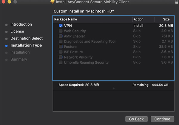 screenshot of VPN installation