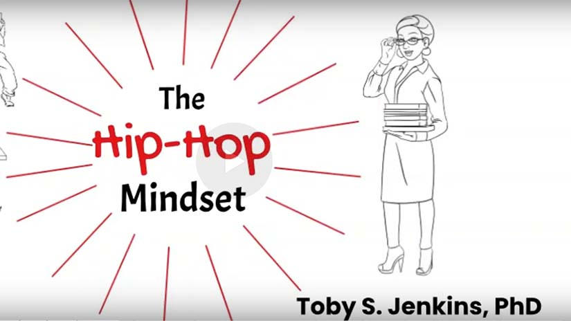 Black and wihte line art of a woman holding a stack of books. The phrase "The Hip-Hop Mindset" is in a red starbusrst to the left.
