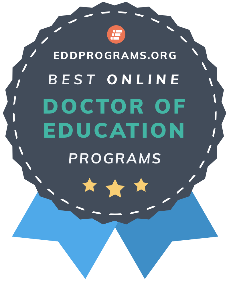 Blue ribbon that reads "eddprograms.org Best Online Doctor of Education Programs"