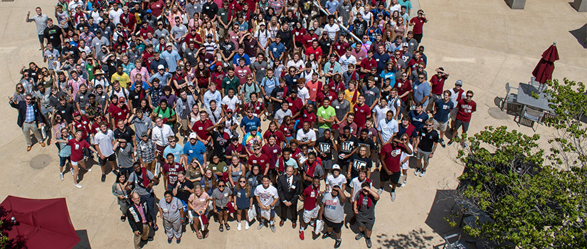 overhead view of large group of students in the courtyard