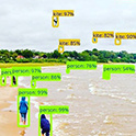 computer generated boxes identify people and objects on a windy beach