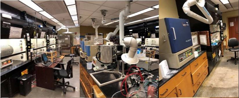 three views of the lab space full of equipment