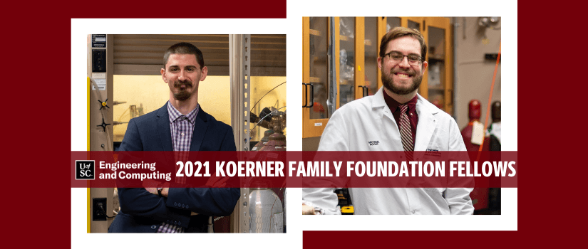 headshot of two male students with UfSC CEC logo and 2021 Koerner Family Foundation Fellows