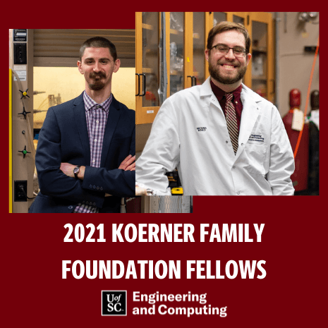 2021 Koerner Family Foundation Fellows and athe college logo with two headshots of the students