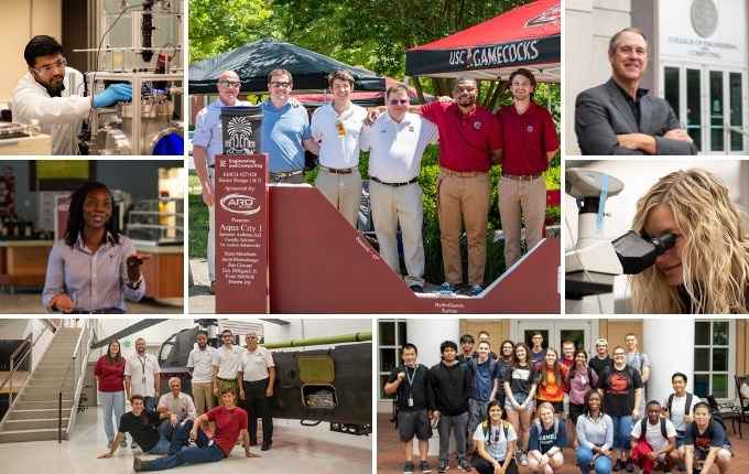 collage of photos including close up of drone, students using flight simulator, hand moving test tubes, woman working in a lab, a microscope, the outside of the swearingen center, faculty talking to army official in front of a robot