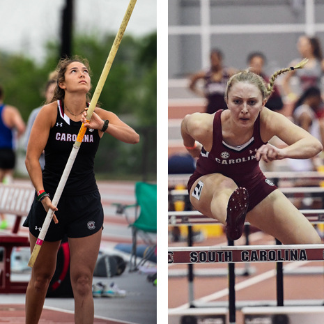 Hughes and Perry running track and jumping pole vault