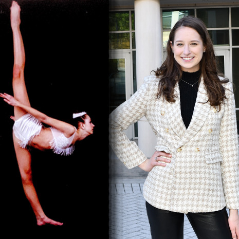 Sloane in a ballet pose and a headshot of her
