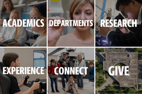 six images with text overlaid that reads academics, departments, research, experience, connect and give