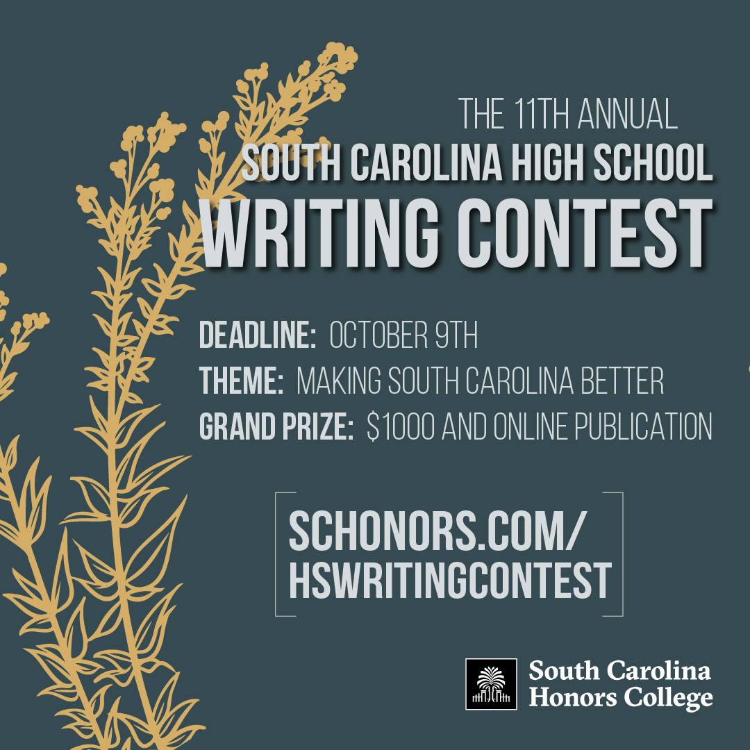 Graphic for the SCHC high school writing contest that shows the theme, deadline, and prize