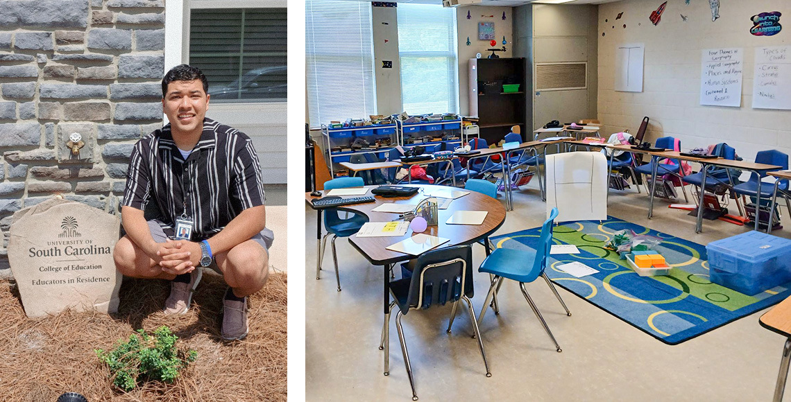 Photo collage with Juan Alvarado on the left and his empty classroom on the right