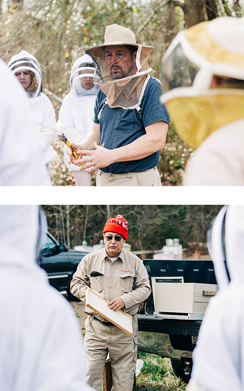 Image collage of a man wearing a beekeeping mesh hat and an older man in khaki long-sleeve overalls.