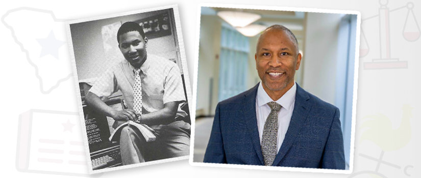 Two photos of Jim Stuckey, one of him as a sophomore journalism student on the left and Stuckey in present day on the right.