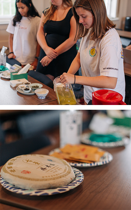 Image collage of students pouring tea from pitchers and various dishes of Asian American foods.