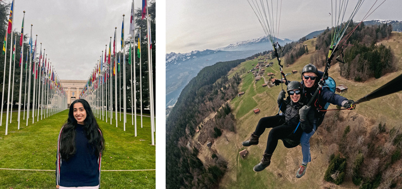 Photo collage of a woman standing in front of the United Nations and two people paragliding in Switzerland.