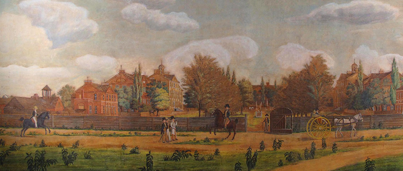 A historic painting showing the early Horseshoe pictures McCutchen House, then a faculty residence, along with other buildings of the newly established university.