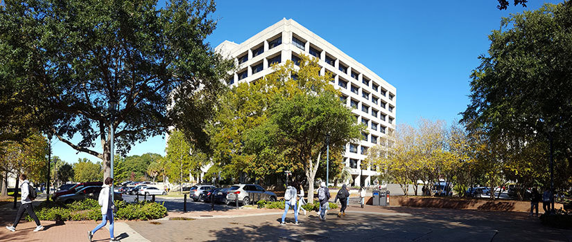 The Close-Hipp building on a sunny day. Close-Hipp is located beside the pedestrian-friendly, historic center of UofSC. The College of Hospitality, Retail and Sport Management occupies most college offices and classrooms in the Close-Hipp building.