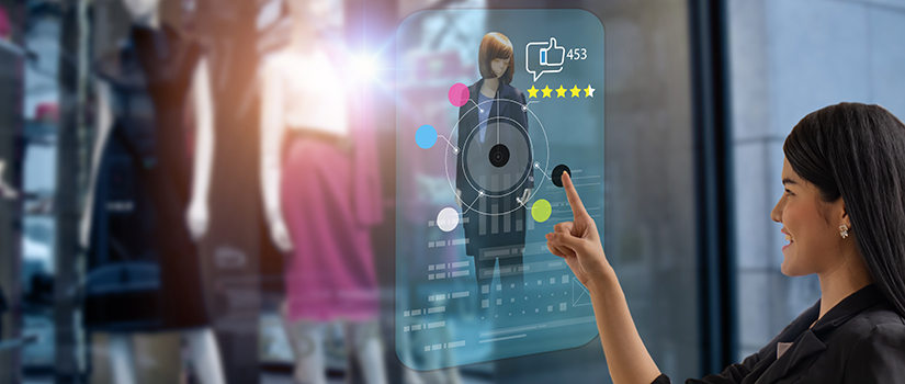 smart retail, shopping online technology concept, person using smart display with virtual or augmented reality in the shop or retail to choose select, buy cloths and give a rating of products