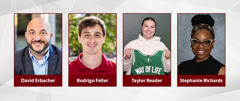 Banner image showing four individuals side by side on a geometric background with maroon borders and name tags: David Erbacher in a suit smiling, Rodrigo Feller in a red shirt outdoors, Taylor Reader holding a green Celtics jersey, and Stephanie Richards wearing glasses and a black top, all recognized for recent professional achievements.