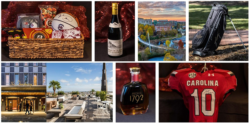 A photo collage of items for the HRSM homecoming auction including a basket with signed an autographed basketball from Dawn Staley, a bottle of win, a golf bag, a bottle of 1792, and a autographed Shane Beamer football jersey.