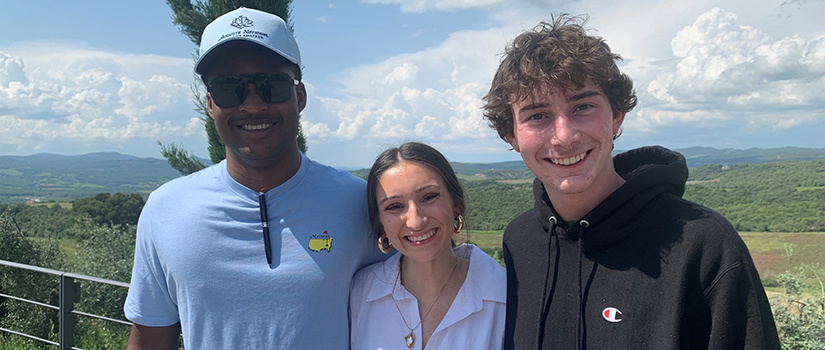 Students Carlo White, Brelyn Head and Ryne Helvie pose for a photo while on a study abroad trip to Italy.
