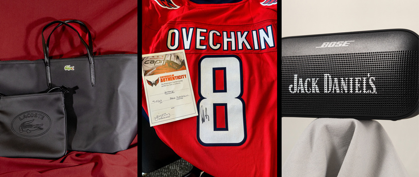 Lacoste bags, Alex Ovechkin autographed jersey, Jack Daniels Bose speaker