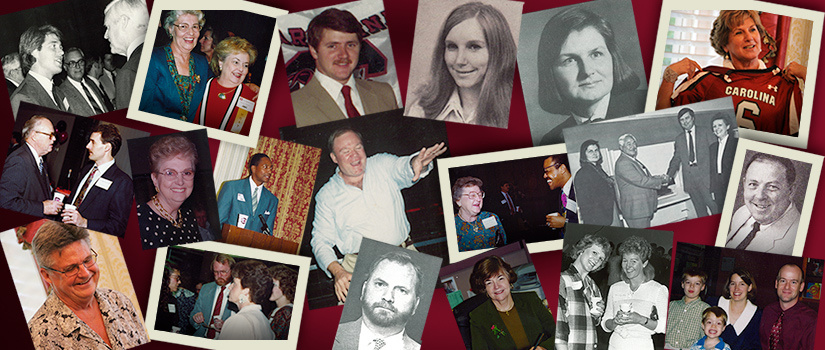 Historic photo collage featuring many of the college's faculty and staff, some past, some still present. Some photos are headshots and others are of faculty clowning around in the classroom or at HRSM events.
