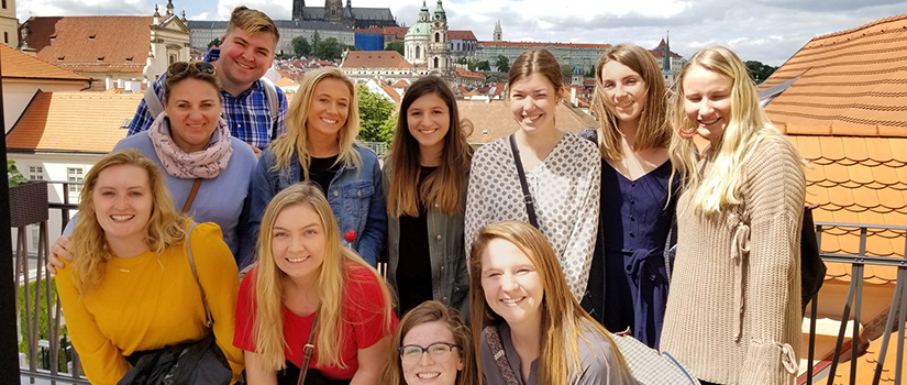 A group of students pose for a photo in Czech Republic on a study abroad trip.