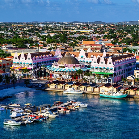 An aerial view of the waterfront of Oranjestad capital of Aruba in the Caribbean.