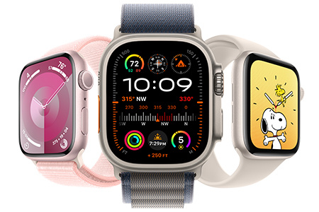 Three colorful Apple watches arranged in a circle