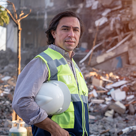 A construction worker stands in front of a demolished building.