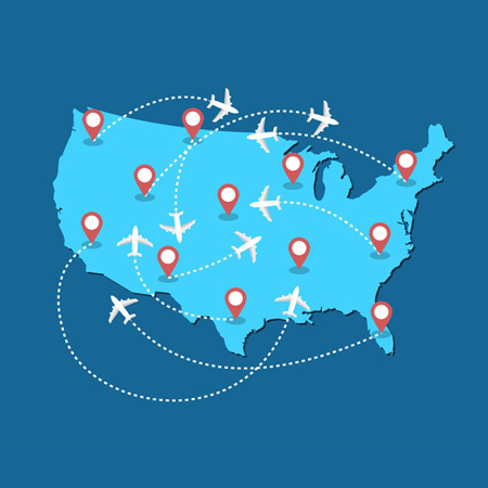 Graphic of a USA map with planes flying overhead.