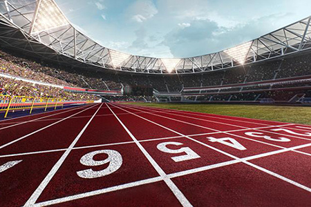 Artist rendering of a large sport stadium showing the lanes of a track in the foreground.