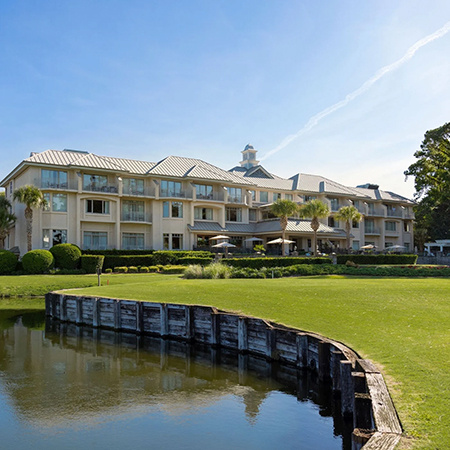 A view of the club house at a golf course at The Sea Pines Resort on Hilton Head Island, South Carolina.