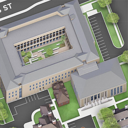 illustrated rendering of the School of Law from a bird's eye view