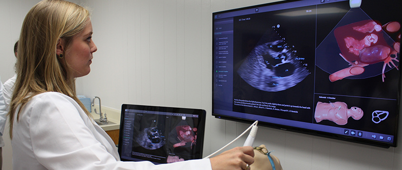 Woman using ultrasound machine.