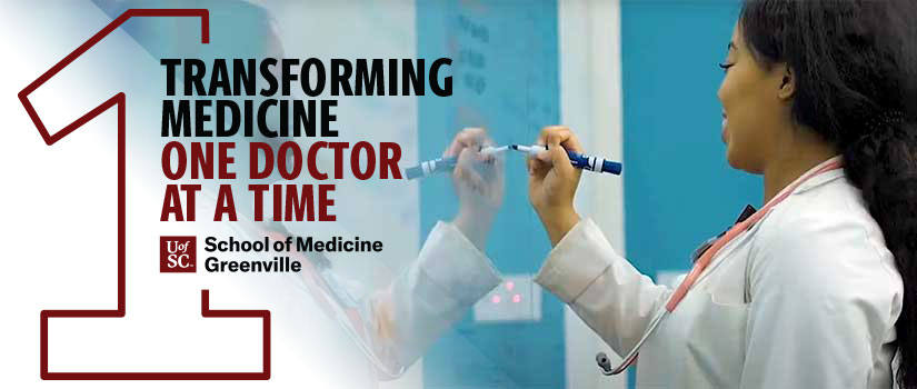 Female medical student in lab coat writing on whiteboard. Transforming Medicine One Doctor at a Time logo.