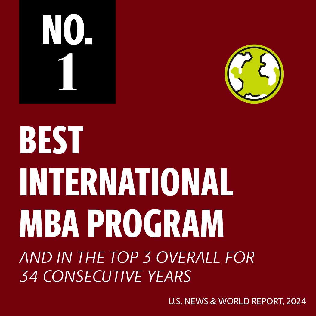 Number 1 international mba program for 9 consecutive years; top 3 for 34 years;U.S. News and World Report 2024