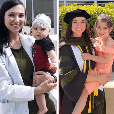 Holcomb with daughter in white coat and in graduation robes