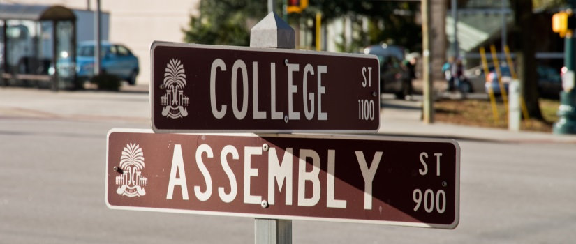Street sign showing College and Assembly streets in Columbia, SC