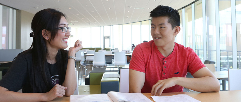 Two students converse in library.