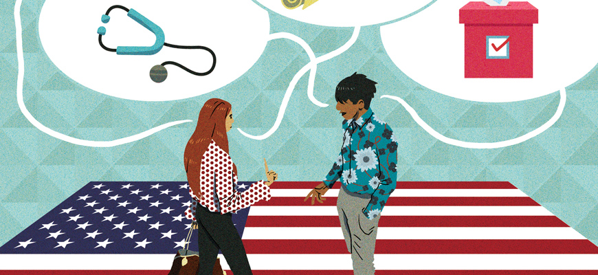 artist rendering showing two people talking with a U.S. flag, icons representing a human brain, a stethoscope, mortar board and degree, and a ballot box