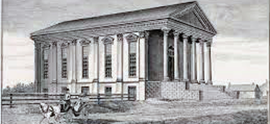 A black and white drawing of the Longstreet Theatre.