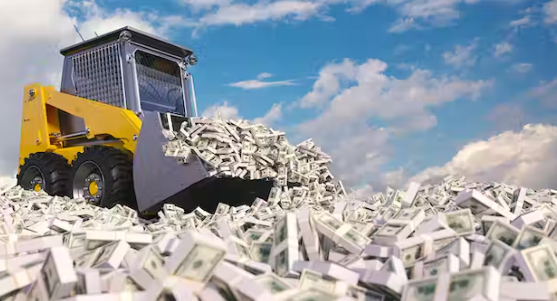 A yellow construction front loader scoops a pile of dollar bills
