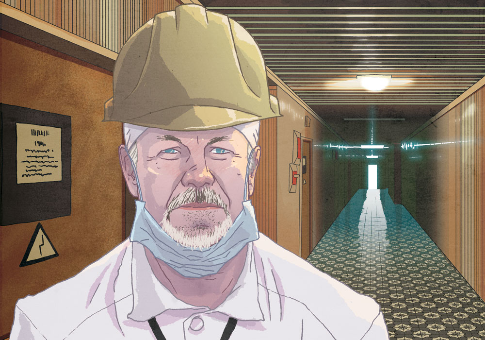An illustration of Tim Mousseau in the golden corridor at the Chernobyl site.