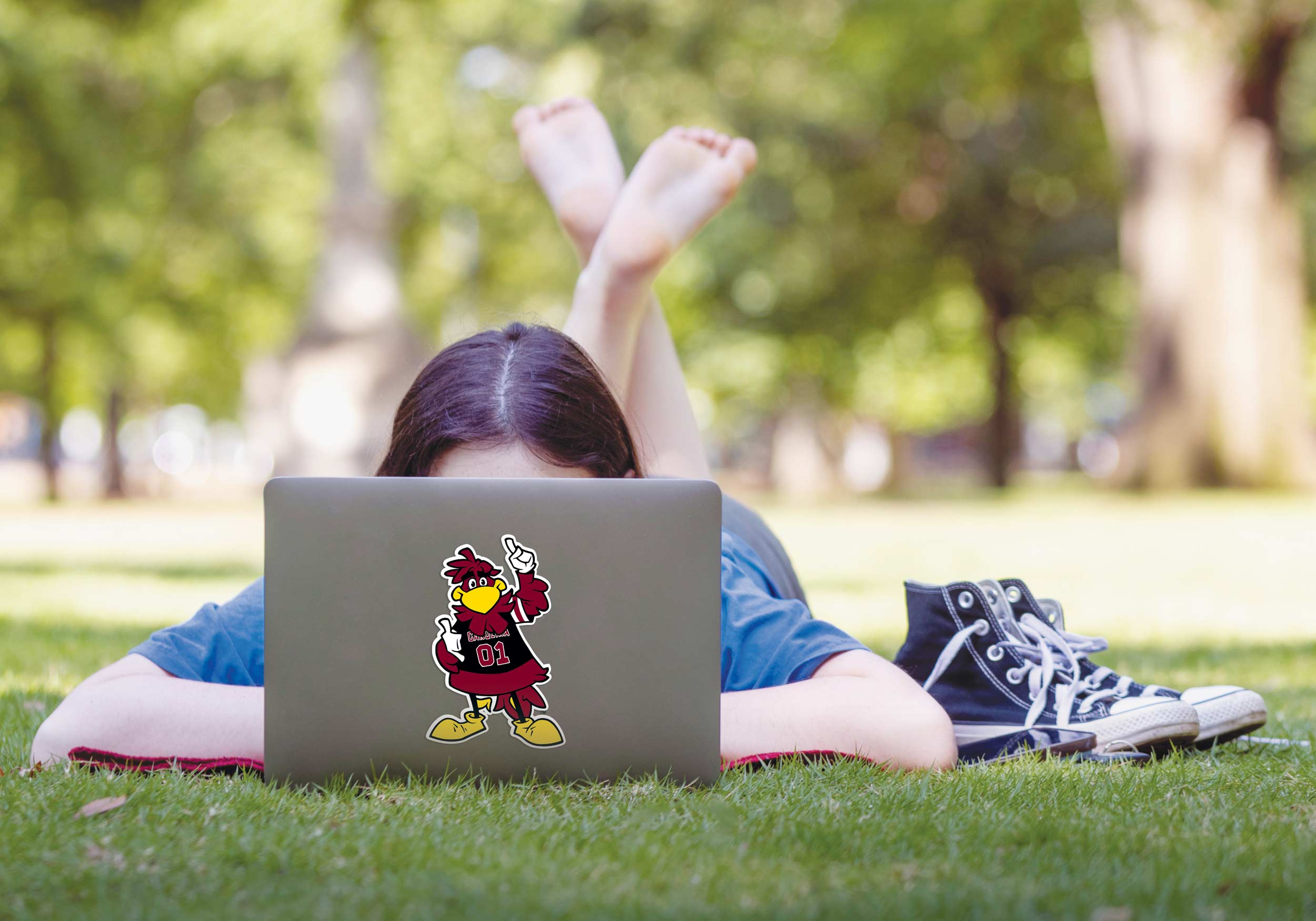 Student on relaxing on Horseshoe with laptop.