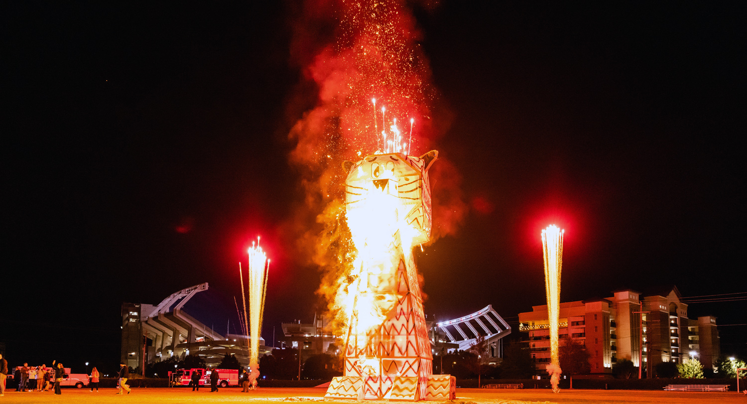 a wood and paper tiger is set aflame with fireworks on either wide